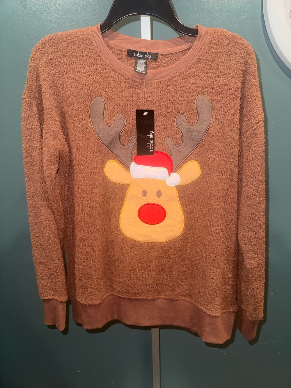 Sable Sky Brown Reindeer Appliqué Crewneck Sweater